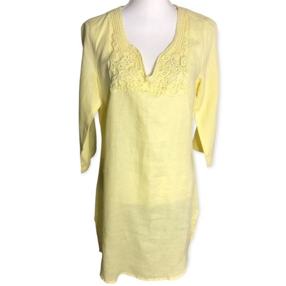 Malvin Hamburg Germany I Love Linen Yellow 3/4 Sleeve Embroidered Tunic Top